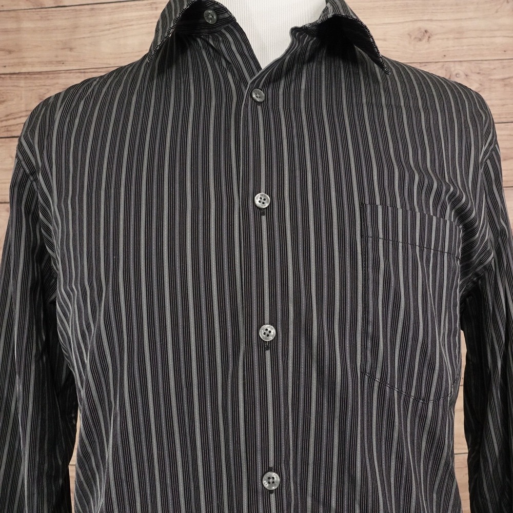 Perry Ellis Shirt Mens XL Black Striped Long Sleeve Button-Up Cotton Business